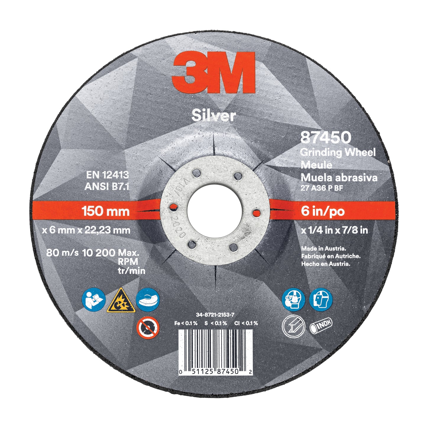 3M Silver Depressed Centre Grinding Wheel, 5" x 1/4", 7/8" Arbor, Ceramic, Type 27