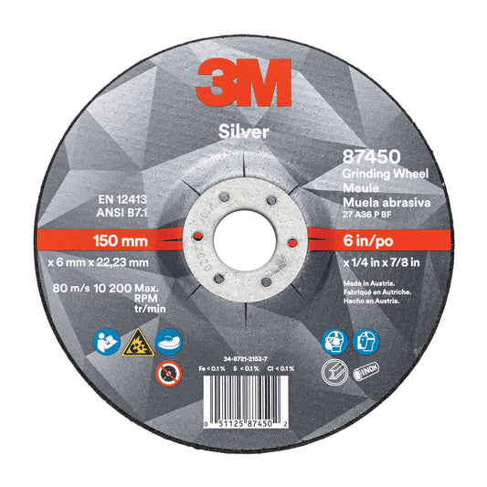 3M Silver Depressed Centre Grinding Wheel, 5" x 1/4", 7/8" Arbor, Ceramic, Type 27